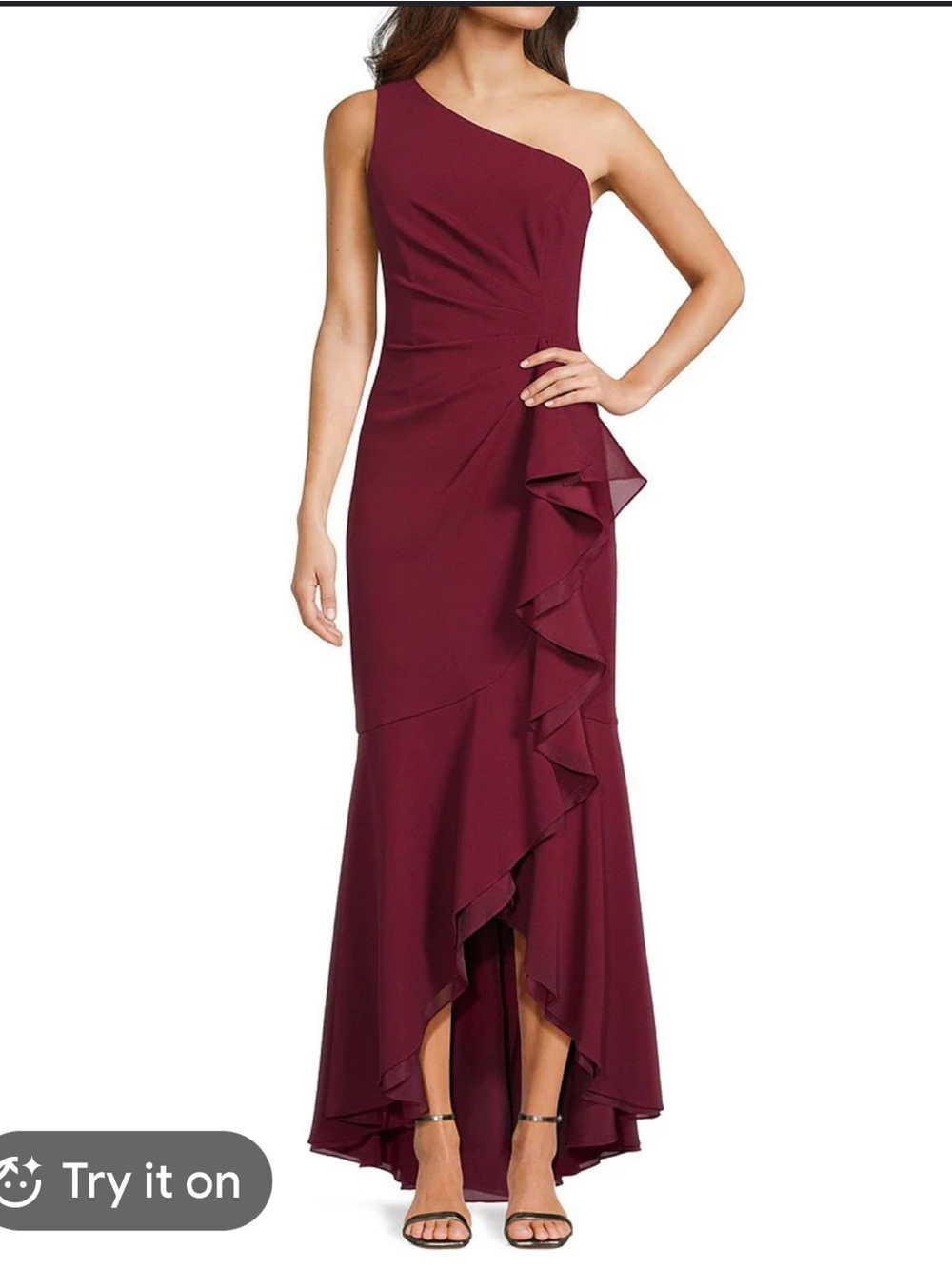 Adrianna Papell One-Shoulder Ruffle High-Low Gown in Burgundy
